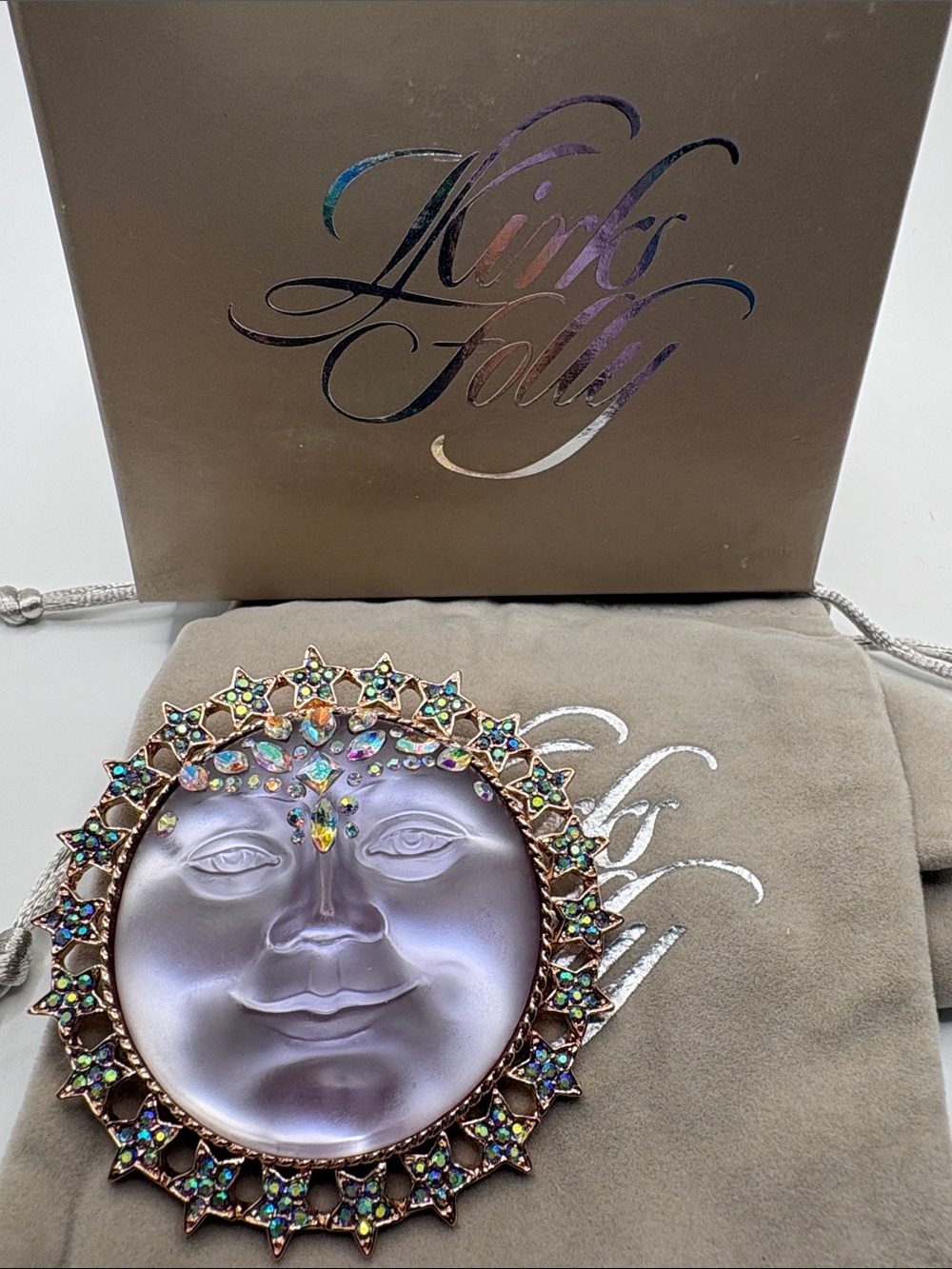 Kirks Folly  Iridescent Lavender Moon Face Brooch or Pendent Charm